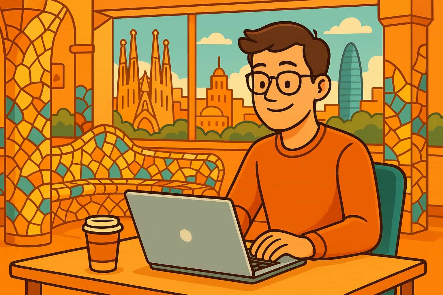 Colorful digital illustration of Spain relocation