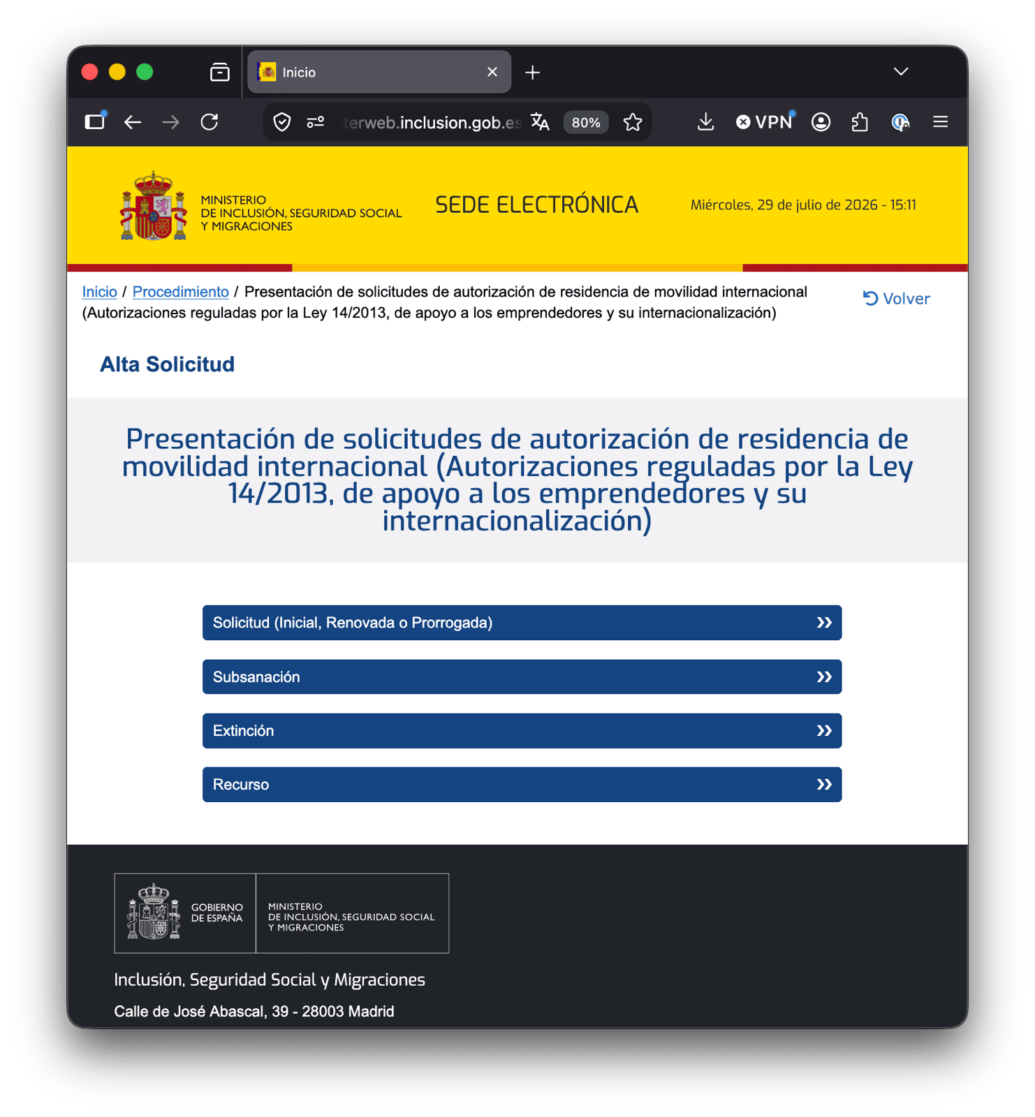 Spanish Ministry electronic office showing the Subsanación option under Alta Solicitud