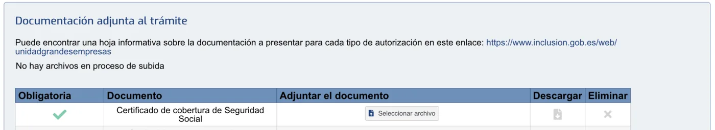 Document list in the UGE application form, with Certificado de cobertura de Seguridad Social as the first mandatory upload