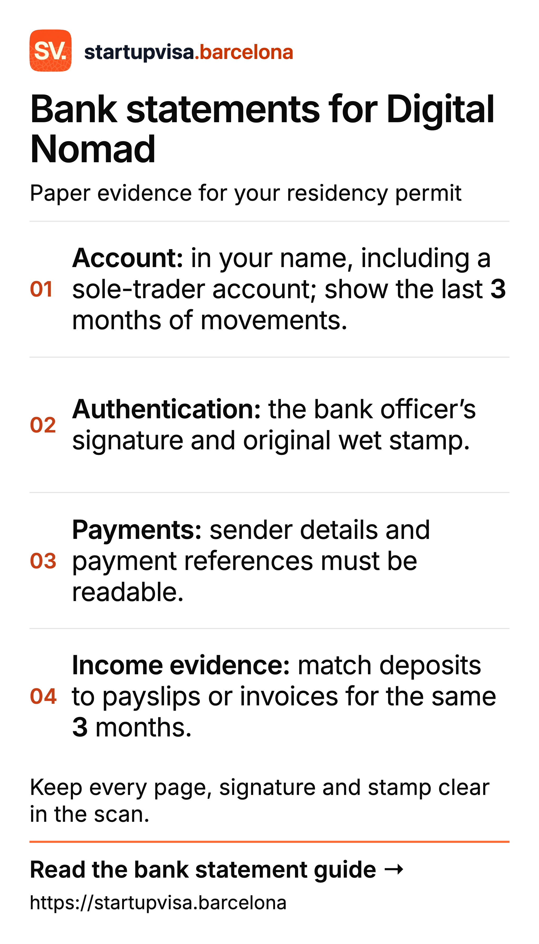 Bank statements for a Digital Nomad residency permit: applicant account, three months, bank signature and stamp, payment details