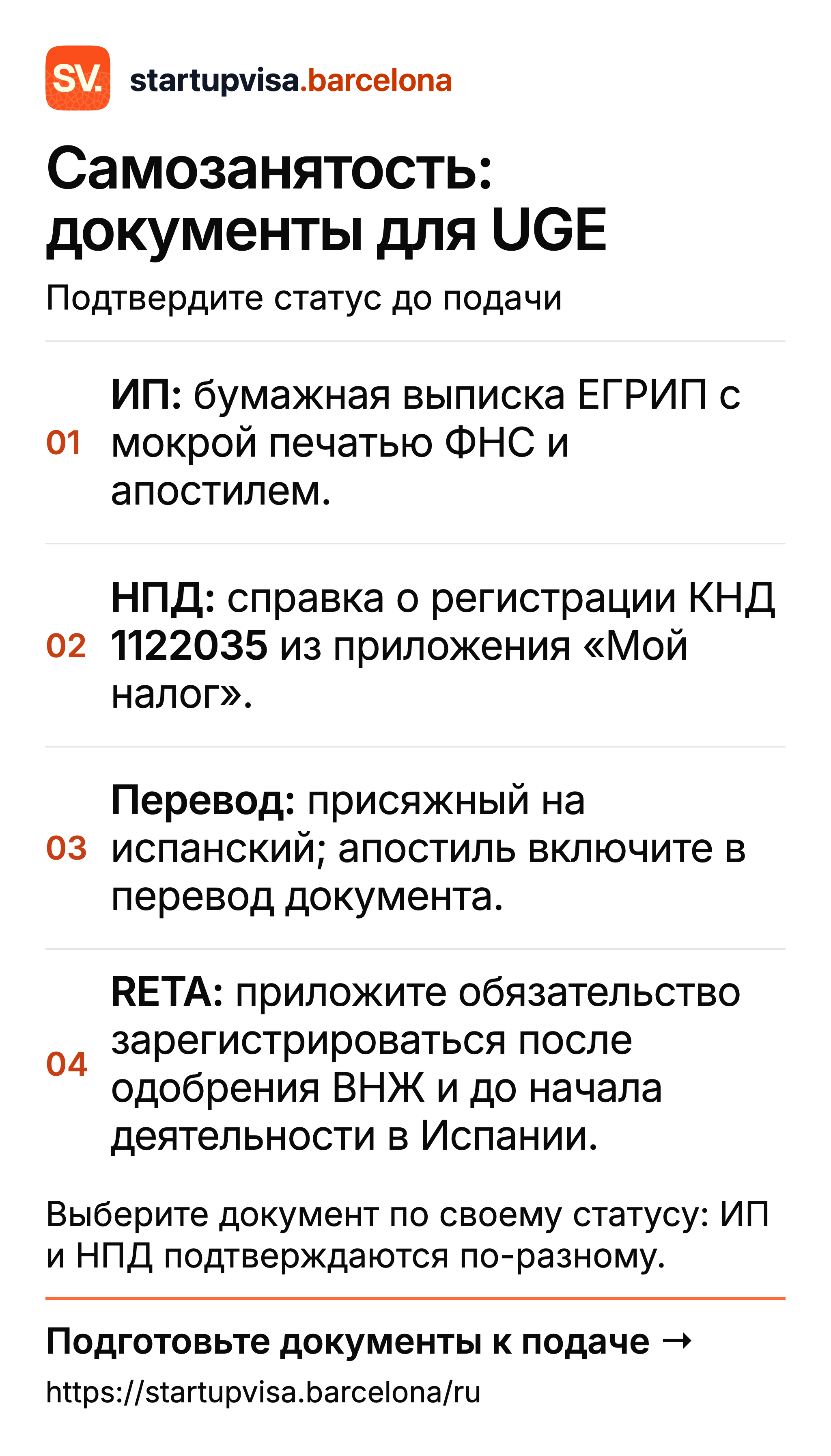 Подготовка документов самозанятого для UGE: ЕГРИП с печатью и апостилем, справка НПД и обязательство RETA