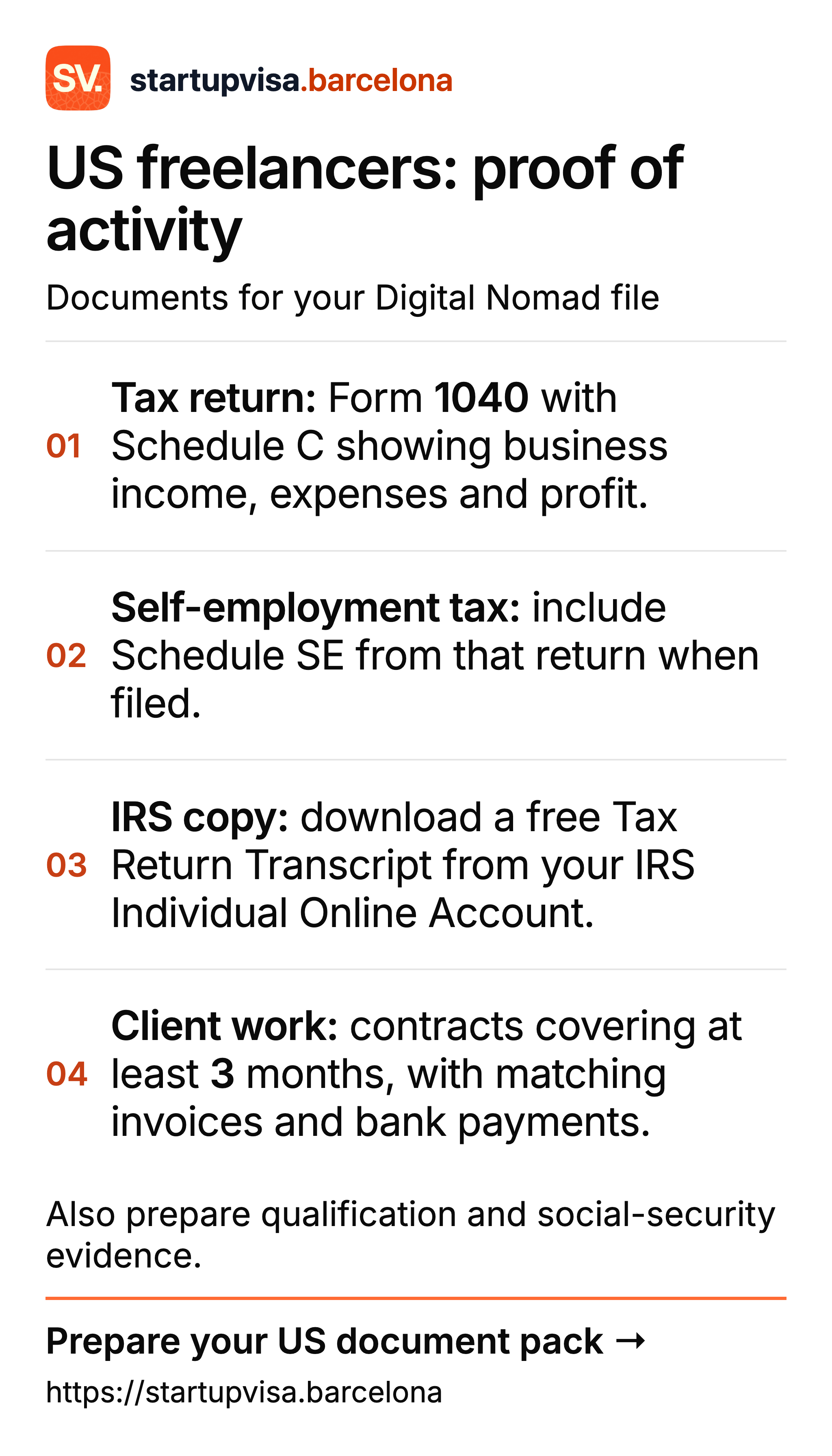 US freelancer evidence: Form 1040, Schedule C, Schedule SE and an IRS Tax Return Transcript