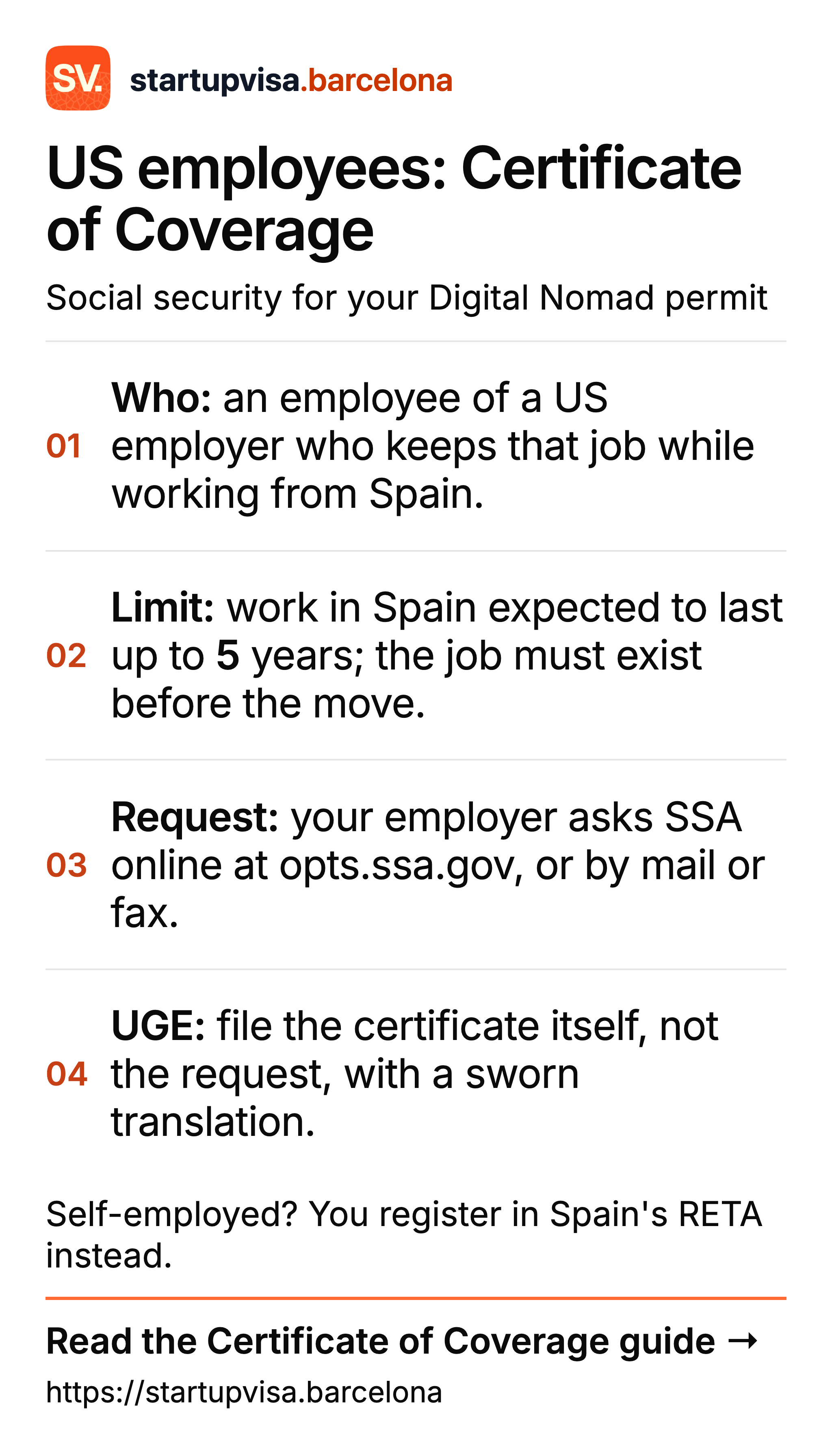 US Certificate of Coverage for the Digital Nomad permit: US employer, up to 5 years, employer requests it from SSA, file the certificate with a sworn translation